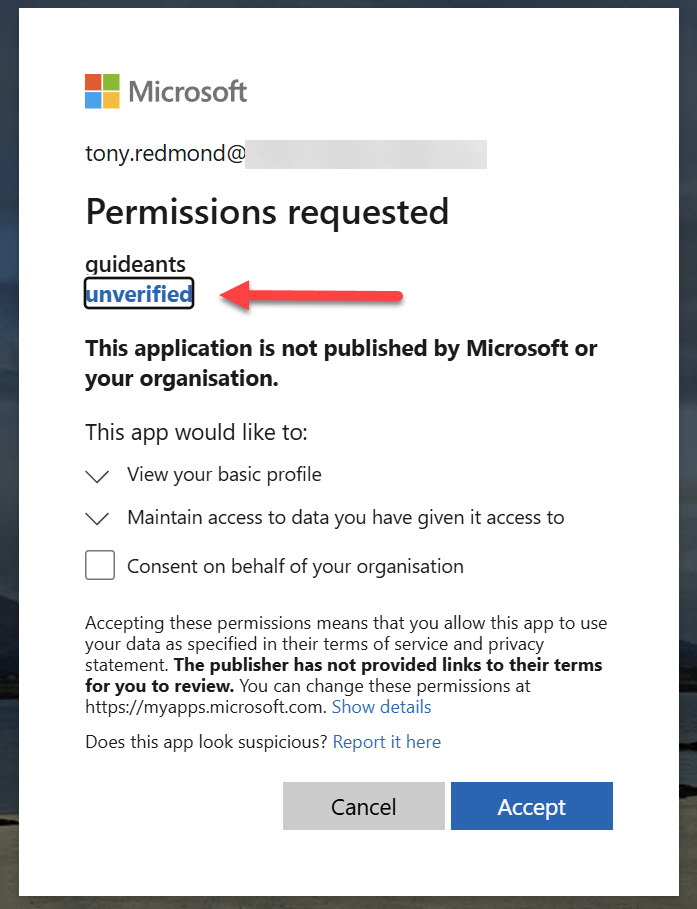 Consent requested for the GuideAnts enterprise application.