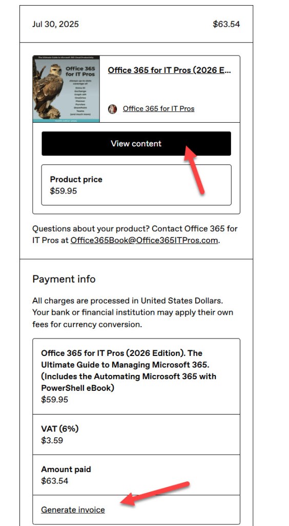 Gumroad.com receipt for the Office 365 for IT Pros eBook