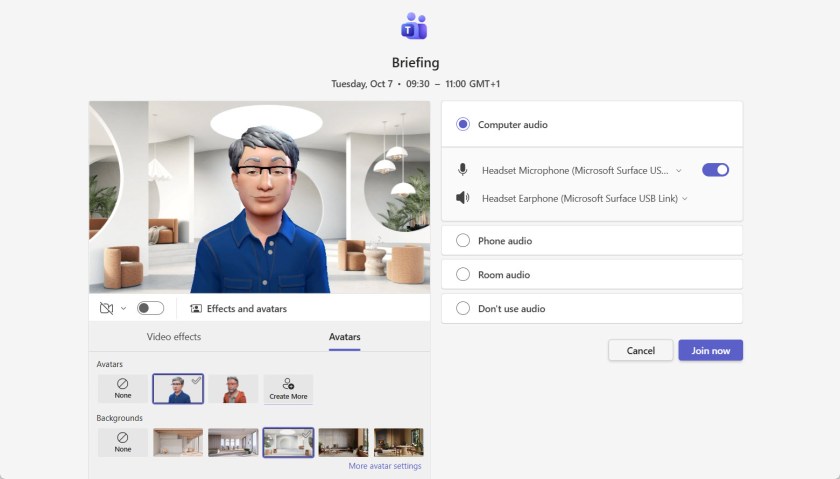 Choosing a mesh avatar to use in a Teams meeting.